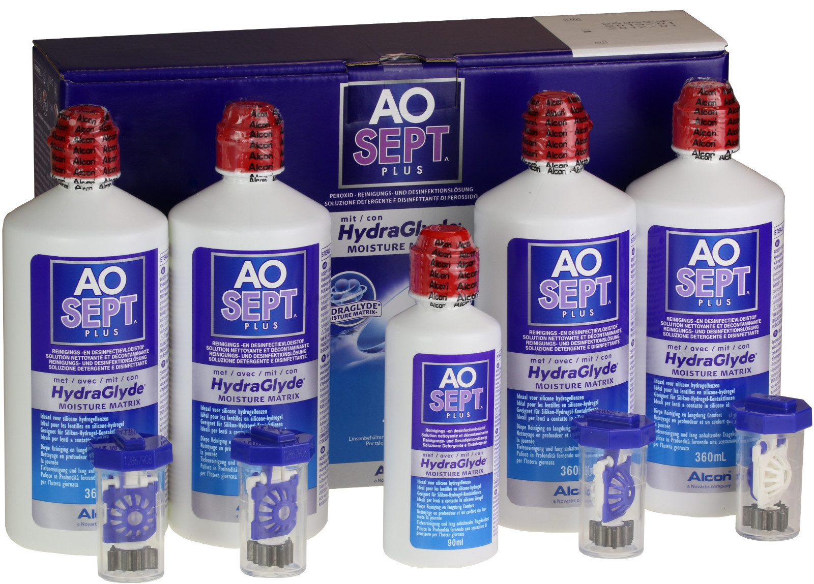 AOSept Plus HydraGlyde 4x 360ml Peroxid Pflegemittel + 1x 90ml GRATIS