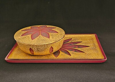 DeVilbiss Vanity Tray & Jar - Orchid and Gold Enamel with floral cutting (1925)