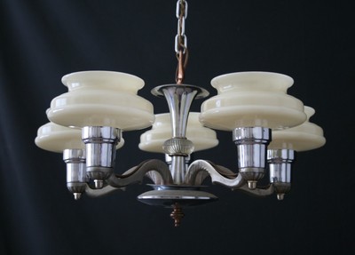 VINTAGE ART DECO HANGING LIGHT FIXTURE CHANDELIER 5 CUSTARD VASELINE SLIP SHADES