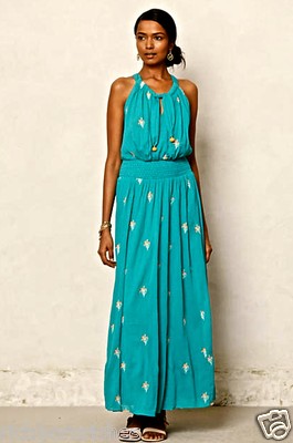 

Платье макси Anthropologie, бирюзовое с вышивкой и присборенной талией  168 долларов США НОВИНКА, Turquoise * orange * white