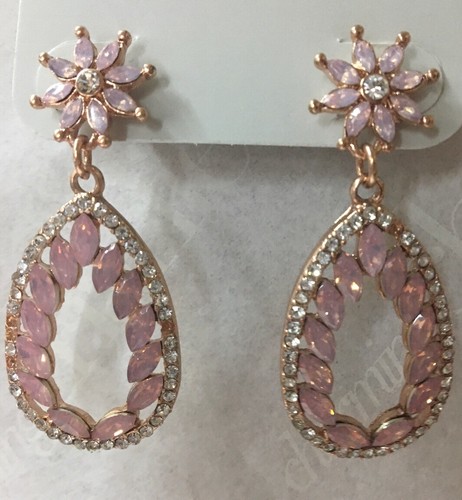 Charming Charlie RSVP Bridal Rhinestone & Pink Dangle Earrings Rose Gold Oval