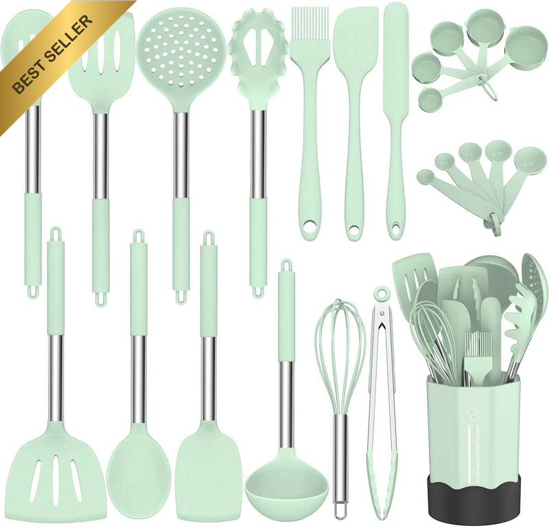 Silicone Cooking Utensil Set, 24 Pcs, Green-24Pcs, BPA Free, Silicone (Head), St