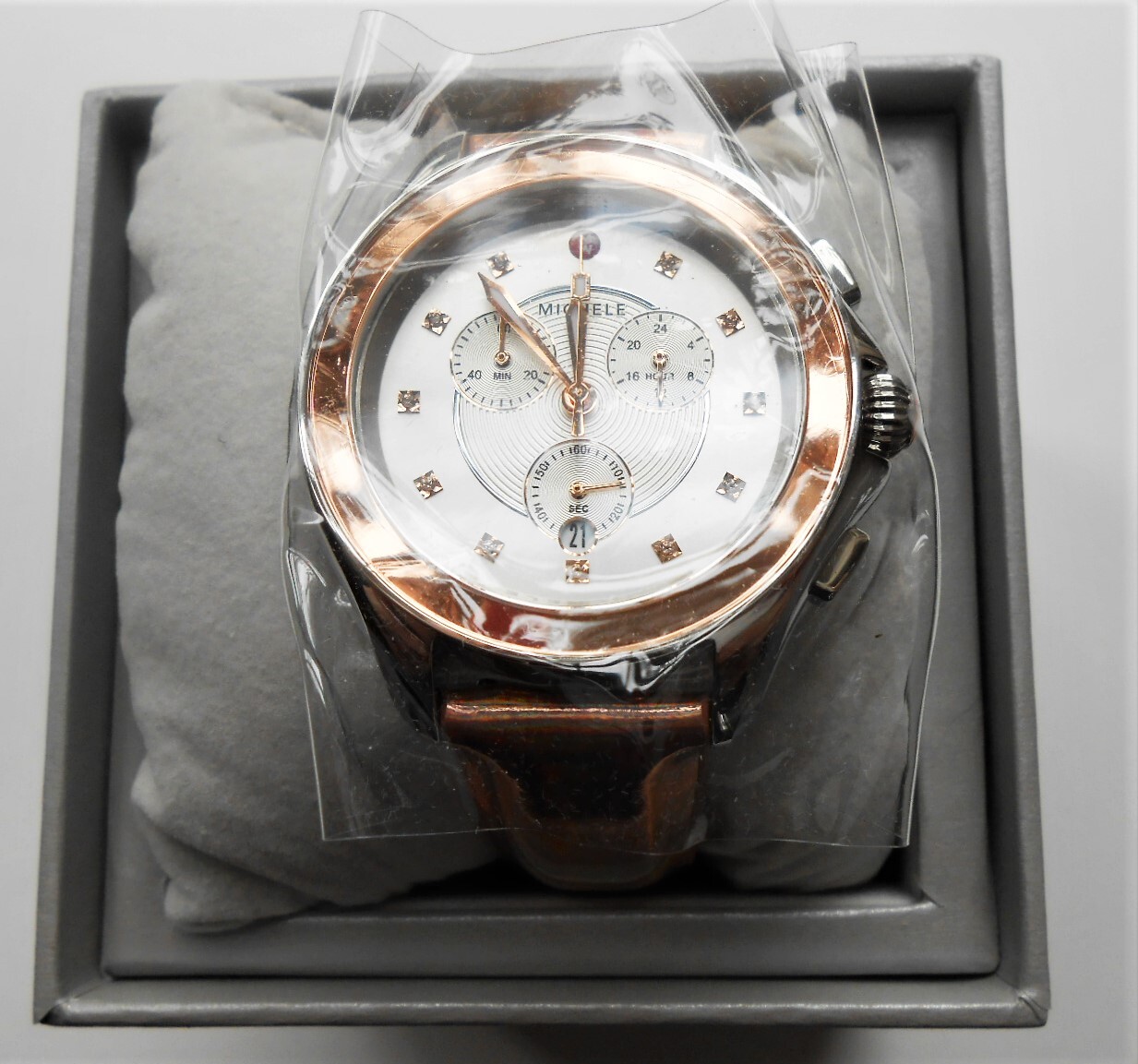 Pre-owned Michele Cape Chrono Diamond Topaz Leather Strap Watch Rose Gold Silver Bnib $595