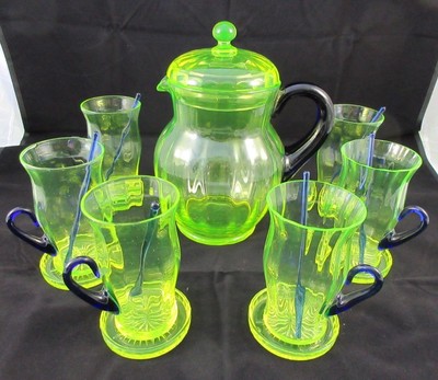 Rare Vintage Fenton Vasoline Topaz Stretch Water Set Cobalt Coasters Stirrers