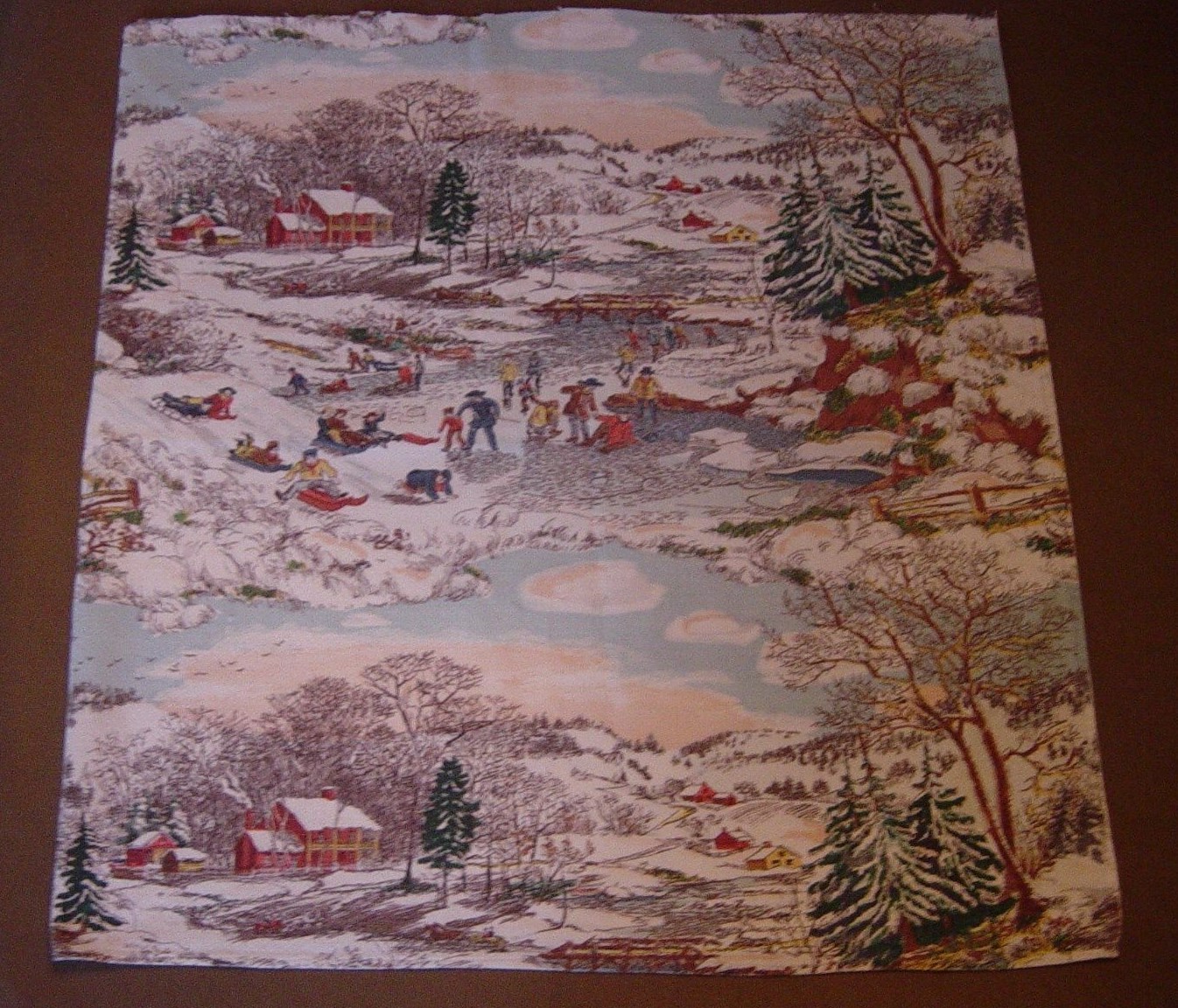 Vtg 1950 Currier Ives fabric SNOW SKATERS Winter Barkcloth CHRISTMAS look HTF