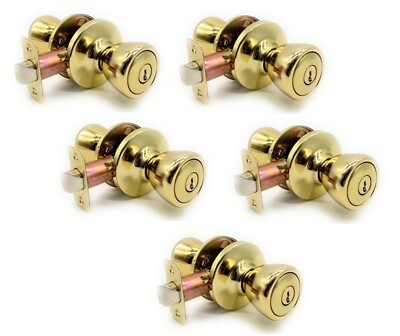 [5-PACK] Keyed Alike Entry Door Knob Lock Set, Polished Brass With 10 Keys