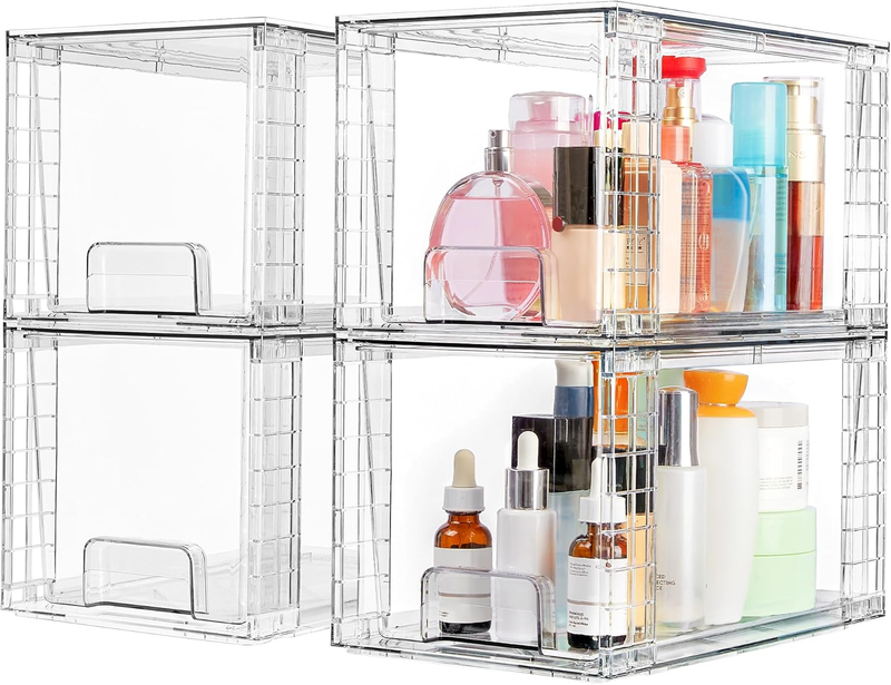 4 Pack Large Stackable Storage Drawers, Easily Assemble Acrylic Bathroom Closet