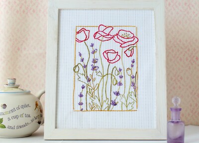 Hand Embroidery Pattern Poppy Flowers Lavender Herb Wildflowers Country Garden