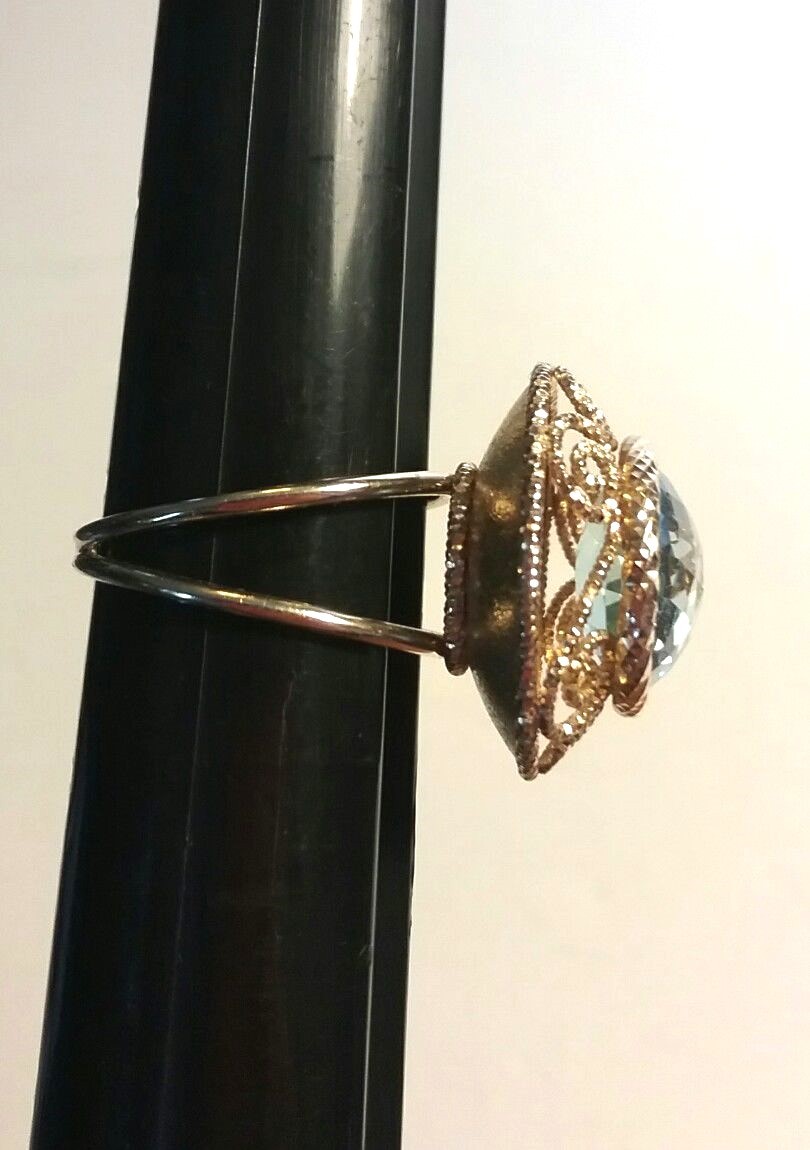 LARGE VINTAGE 14K YELLOW GOLD CHECKERBOARD BLUE TOPAZ FILIGREE RING
