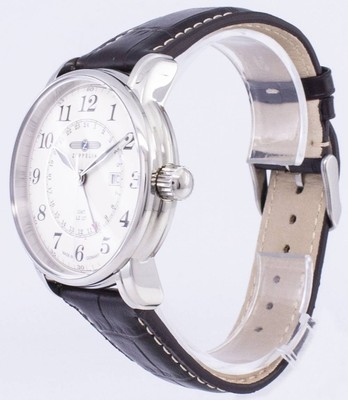 Pre-owned Zeppelin Lz 127 Graf Dual Time Gmt Beige Dial Leather Band 76425 50m Mens Watch