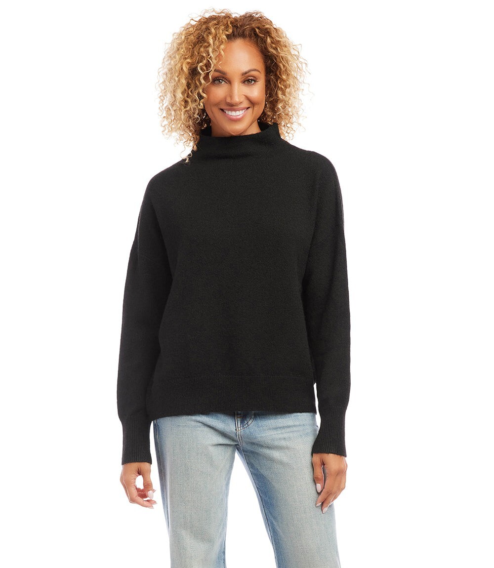 Karen Kane Ribbed Trim Mock Turtleneck Sweater Women's M Black Solid Pullover - Picture 1 of 18