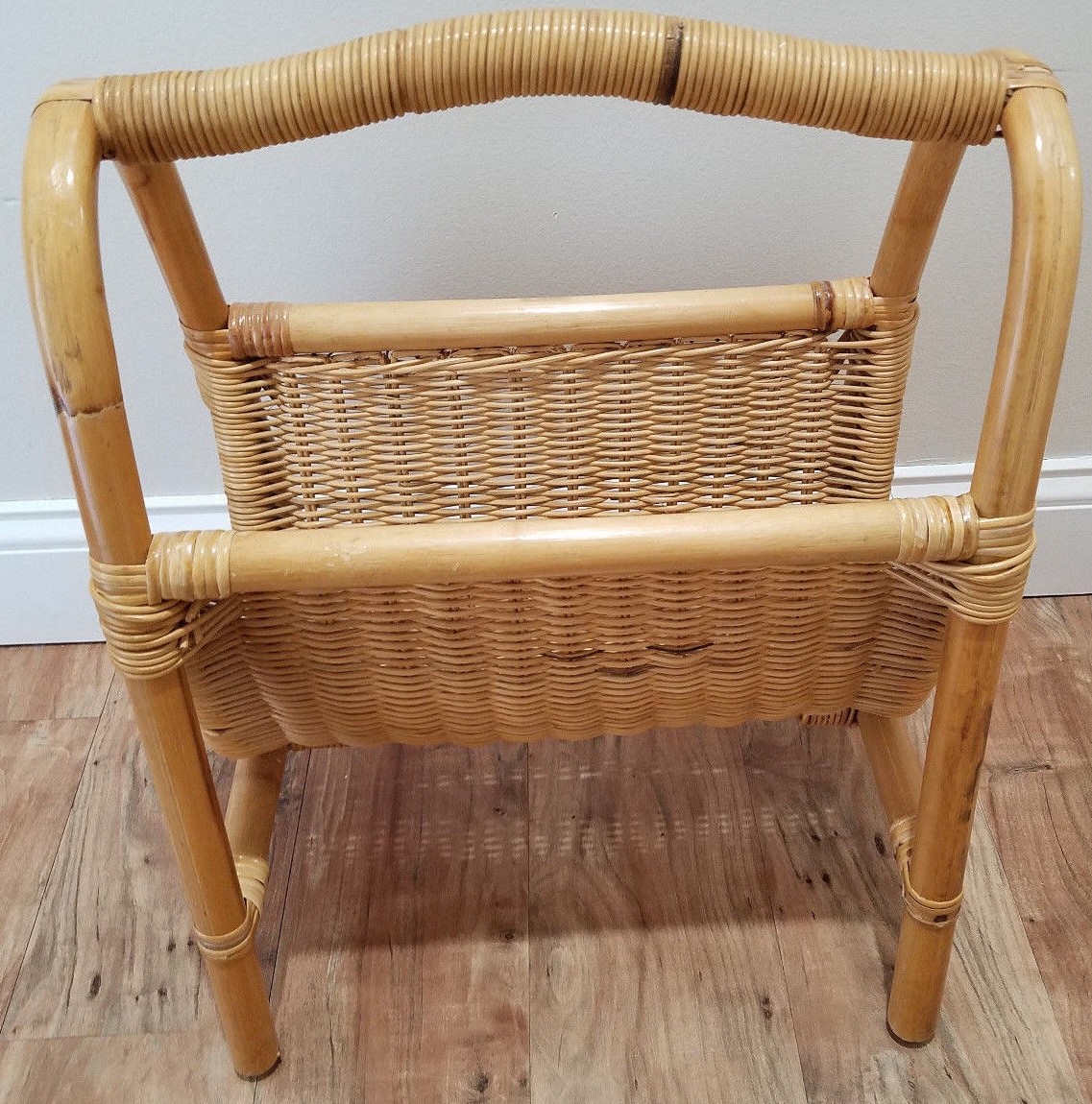 Retro Wood and Wicker Magazine Rack Beach Decor Tiki Bar MCM Mid Century Modern