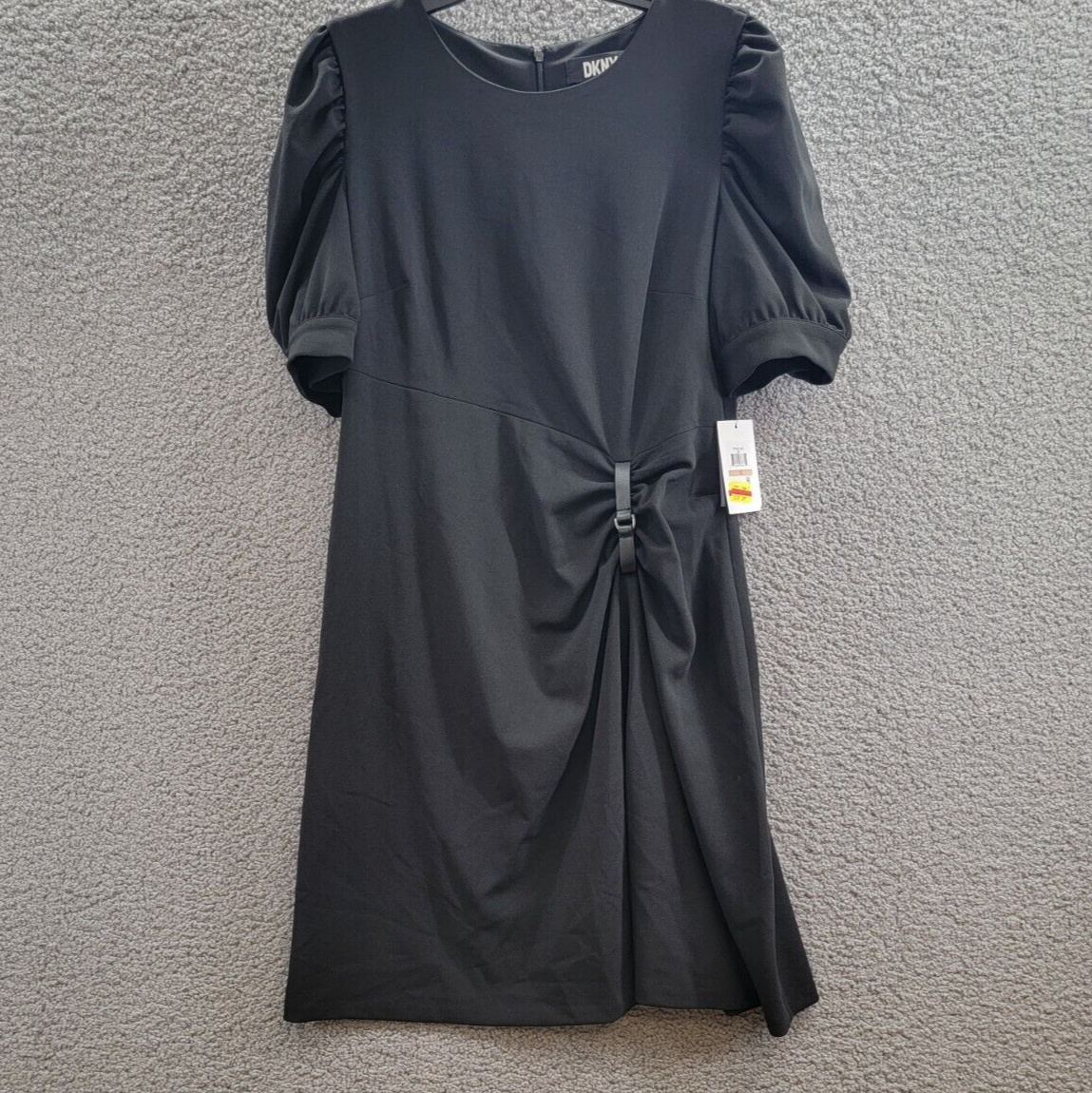 DKNY Puff-Sleeve Ruched Dress Women's 12 Black Round Neck Back Zip Closure S/S - Picture 2 of 20