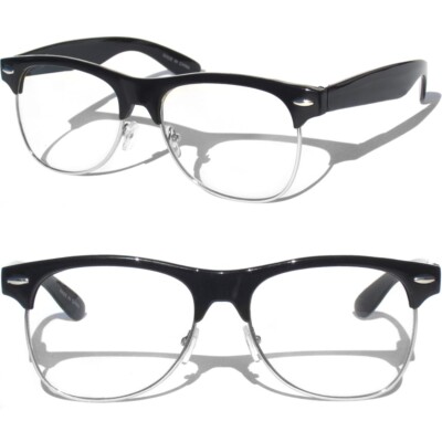 Half Frame CLEAR LENS GLASSES Half Brow Black & Silver Chrome Color Eyewear