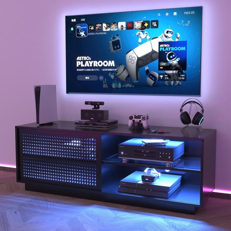 With 2 Storage & Glass Shelves Led Entertainment Center