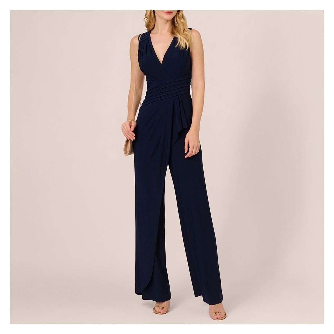 Adrianna Papell Pintucked Wide-Leg Jumpsuit Women's 14 Midnight Back Zip Closure - Picture 1 of 17