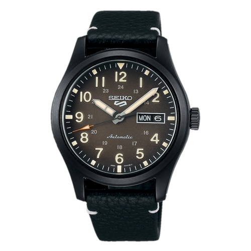 Pre-owned Seiko 5 Automatic Mechanical Watch Full Black With Leather Strap Srpg41k1 Usus