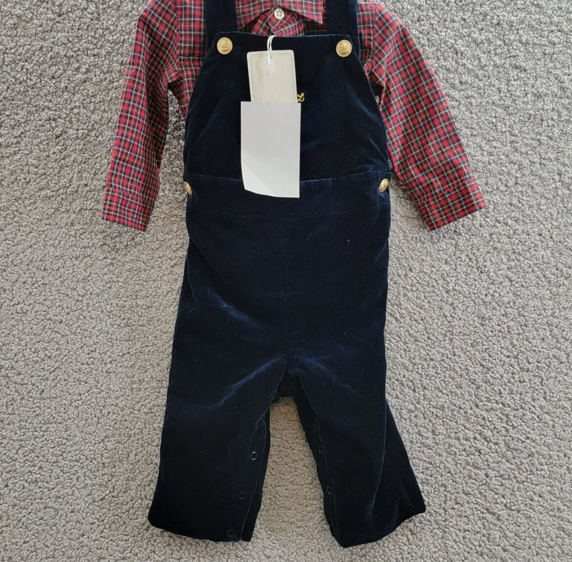 Ralph Lauren Plaid Shirt & Velvet Overall Set Baby Boys' 6M Navy Multi Snap L/S - Picture 2 of 18