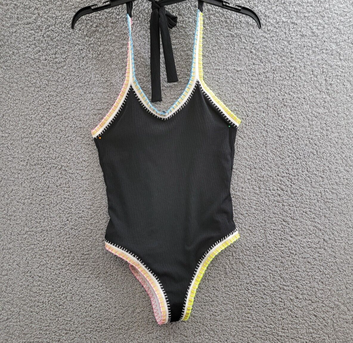 Ferrarini x PQ Crochet-Trim One-Piece Swimsuit Women's L Black Multi Tie Closure - Picture 2 of 13