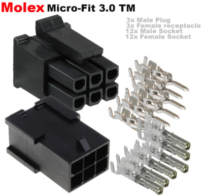 Molex (6 Circuits) 3 Set- Male & Female Housing w/ Pins 20-24 AWG Micro-Fit 3.0 