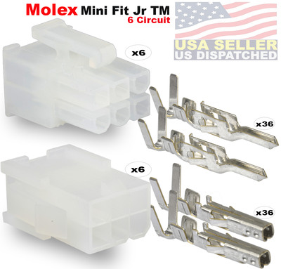 Molex 6 Circuit  Wire Connector  - 6 Complete   conn.  w/ Pins   Mini-Fit Jr  