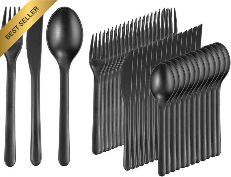 180Pcs Black Cutlery Set,Heavy Duty Cutlery Reusable Wheat Straw Tableware Set w