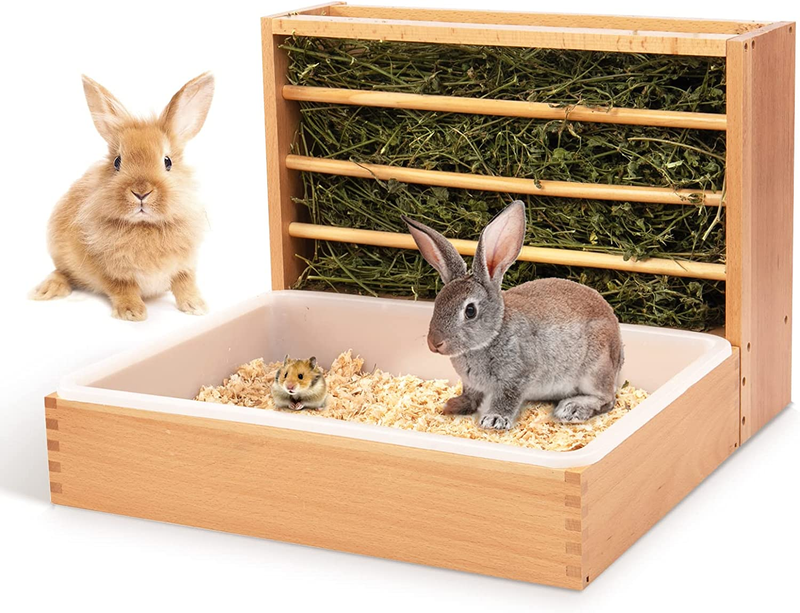 2 in 1 Large Rabbit Hay Feeder with Litter Box, Safe Wooden Bunny Feeder Manger,