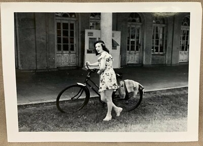Pretty Young Woman with Barret and Bicycle Posing on Grass 1940s-50s