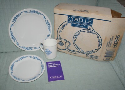 3-Vintage Corning Corelle Cornflower Blue Dinnerware Mug Desert Dinner Plate NEW