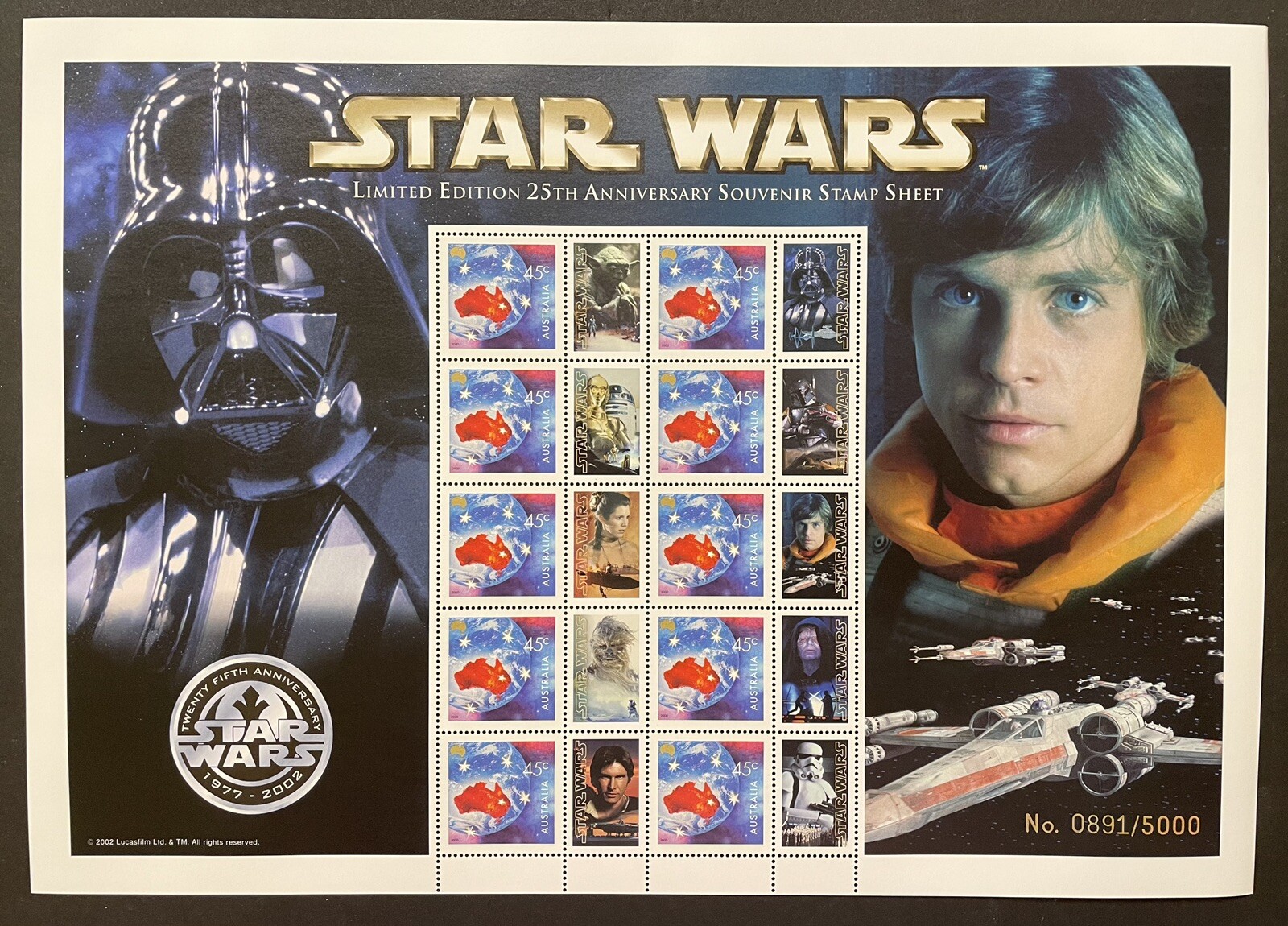 AUSTRALIA STAR WARS STAMP SHEET 2002 MNH LIMITED EDITION 25TH ANV SOUVENIR SHEET