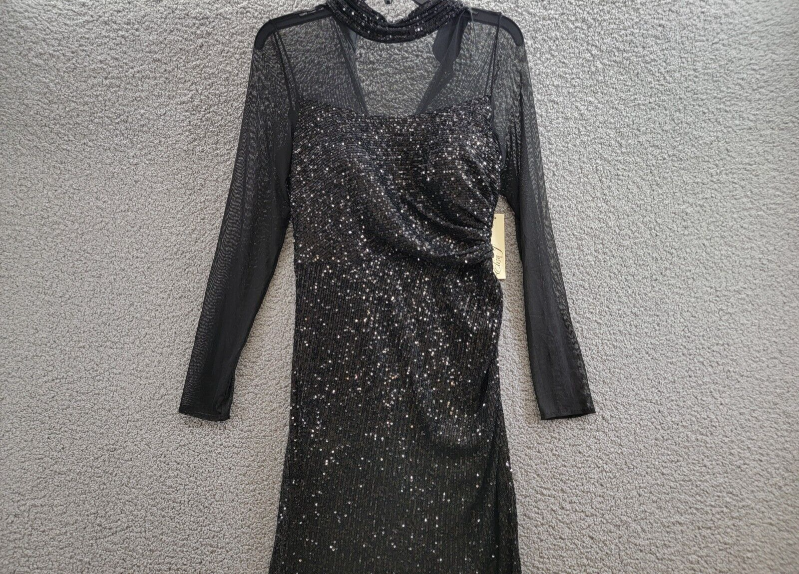 Eliza J Sequined Illusion Evening Dress Women's 10 Black Button Zip Closure L/S - Picture 3 of 18