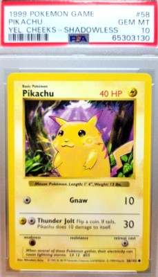 Perfect PSA 10 Yellow Cheek Pikachu 58 Base Set Shadowless Gem
