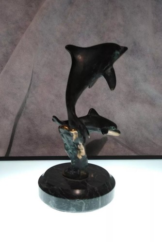 Two Dolphins Jumping Bronze Statue With Granite Base 6 In