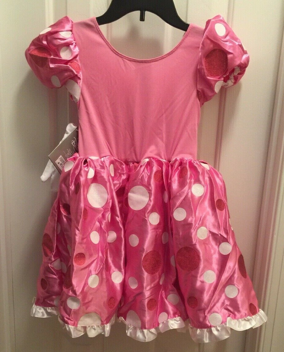 Disney-Parks-Size-5/6-Minnie-Mouse-Dress-&-Gloves-Pink-Polka-Dots-Glittery-Bow
