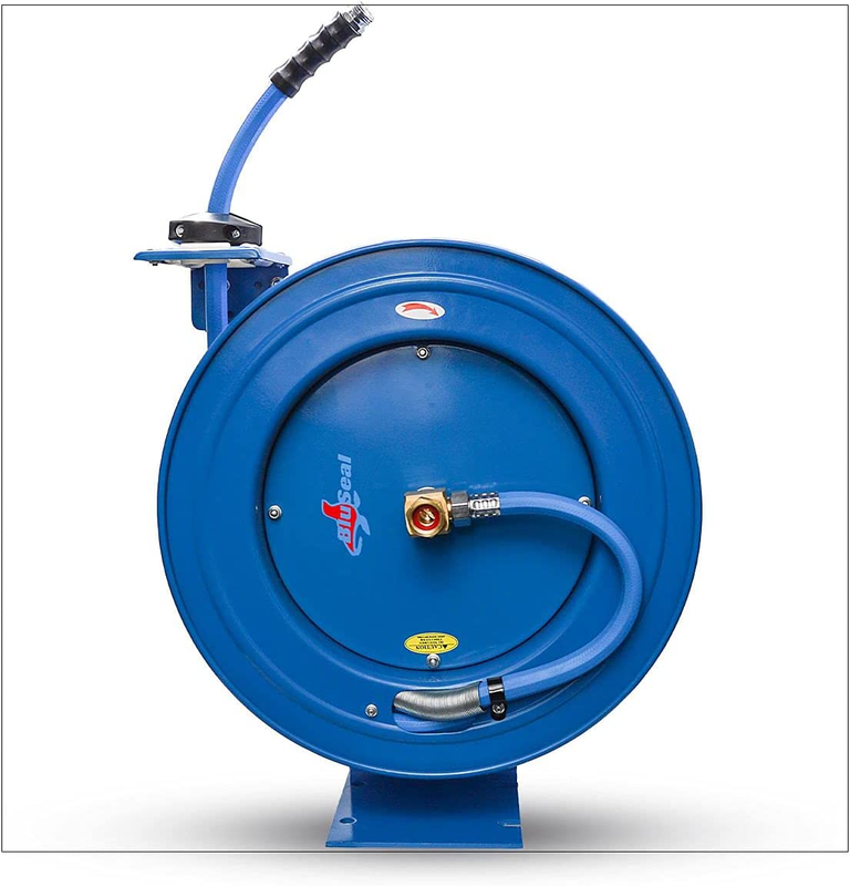 etractable Hose Reel with 5/8" x 50' Hot Water Rubber Hose, 6' Lead-in, 500 PSI