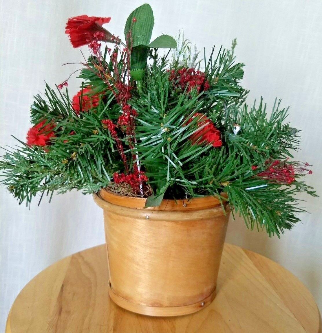 Vintage Birchwood Basket Featuring Cardinals Pine Cones Carnation  Winter Scene