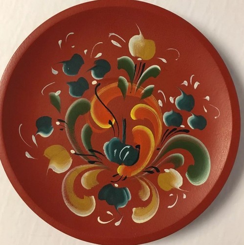 Rosemaled Wood Plate 6.5” Red Rust Norwegian Hand Painted Folk Art