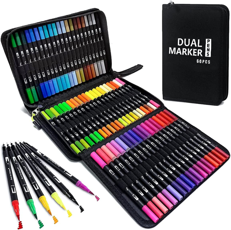 For Adult Coloring 60 Dual Brush Marker Pen Set With Case, Fine And Brus