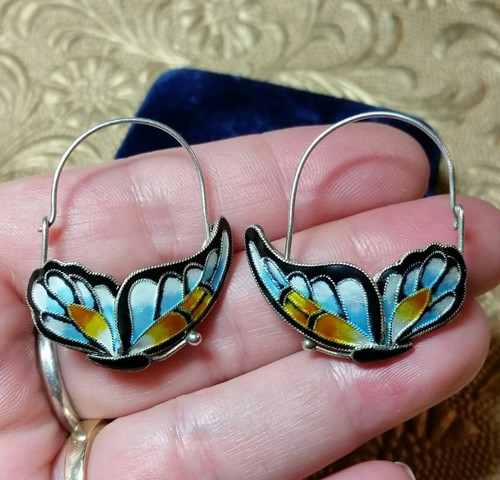 Vintage Antique Chinese Fine Sterling Silver Enamel Butterfly Hook Earrings