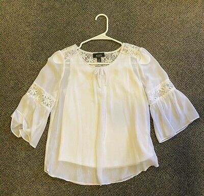 Ally B. Lace Back 3/4 bell flare sleeve,sheer top, White, Girls XL 16