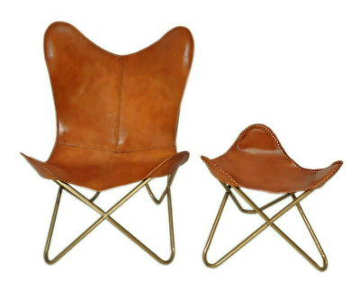 Buffalo Tan Leather Vintage Butterfly Chair Folding With Rest Chair Footstool