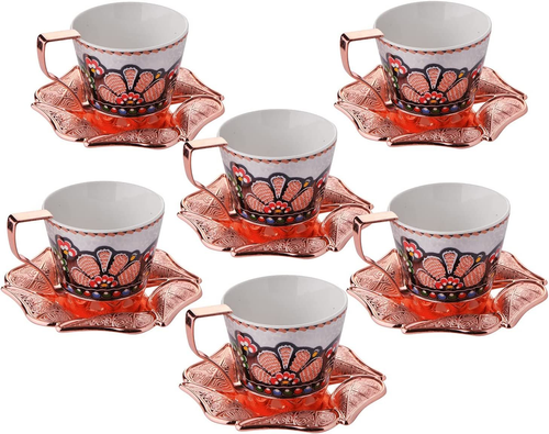 Turkish Coffee Cup Set of 6 with Handmade Leaf Design - 8 oz, ROSEGOLD