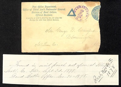 1878 Post Office Department Division of Dead Letters ''Found in Mail Pouch'' Note