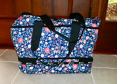 NWT $195 LeSportsac ''Dakota'' Blue Rose Print BAG Duffel Overnight Bag Weekender