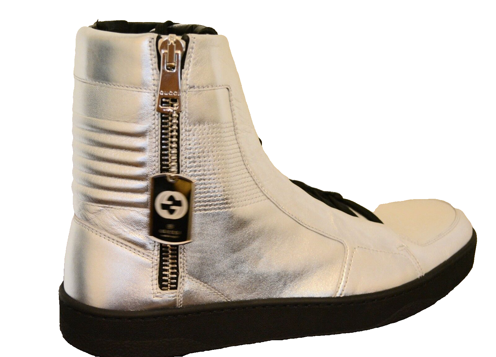 Pre-owned Gucci Mens Hitop Leather Silver Metallic Sneakers Us 9 Eu 42.5