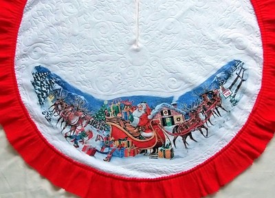 * Vintage Retro Felt Christmas Tree Skirt Santa & Sleigh 40
