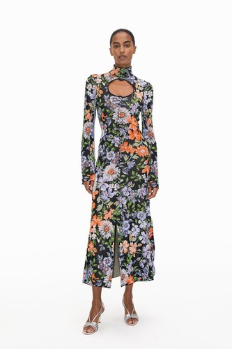 Pre-owned Rabanne H&m X Paco  Jacquard Knit Cut-out Floral Dress Sz M In Printed Orange/ Gold/silver/black