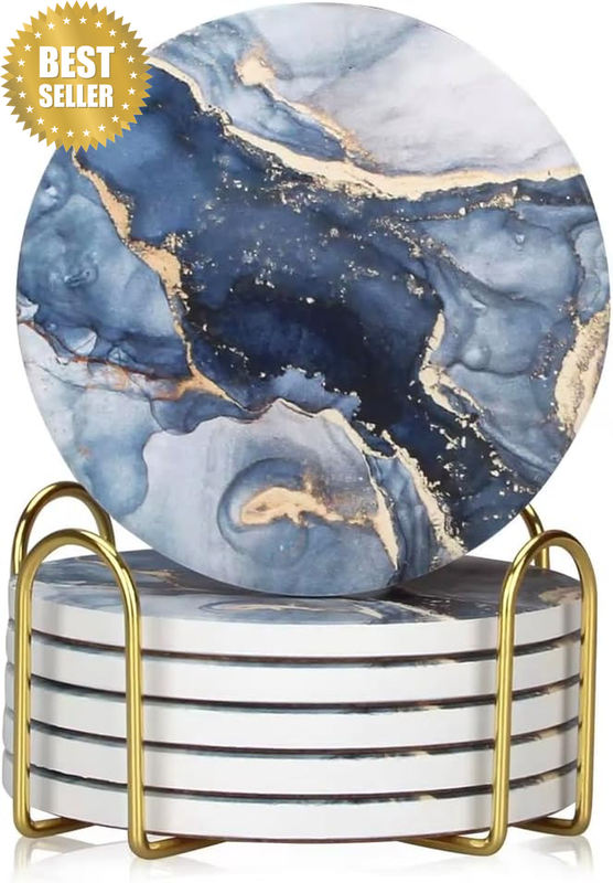 6 Pcs Navy Blue Marble Abstract Ceramic Coasters with Holder