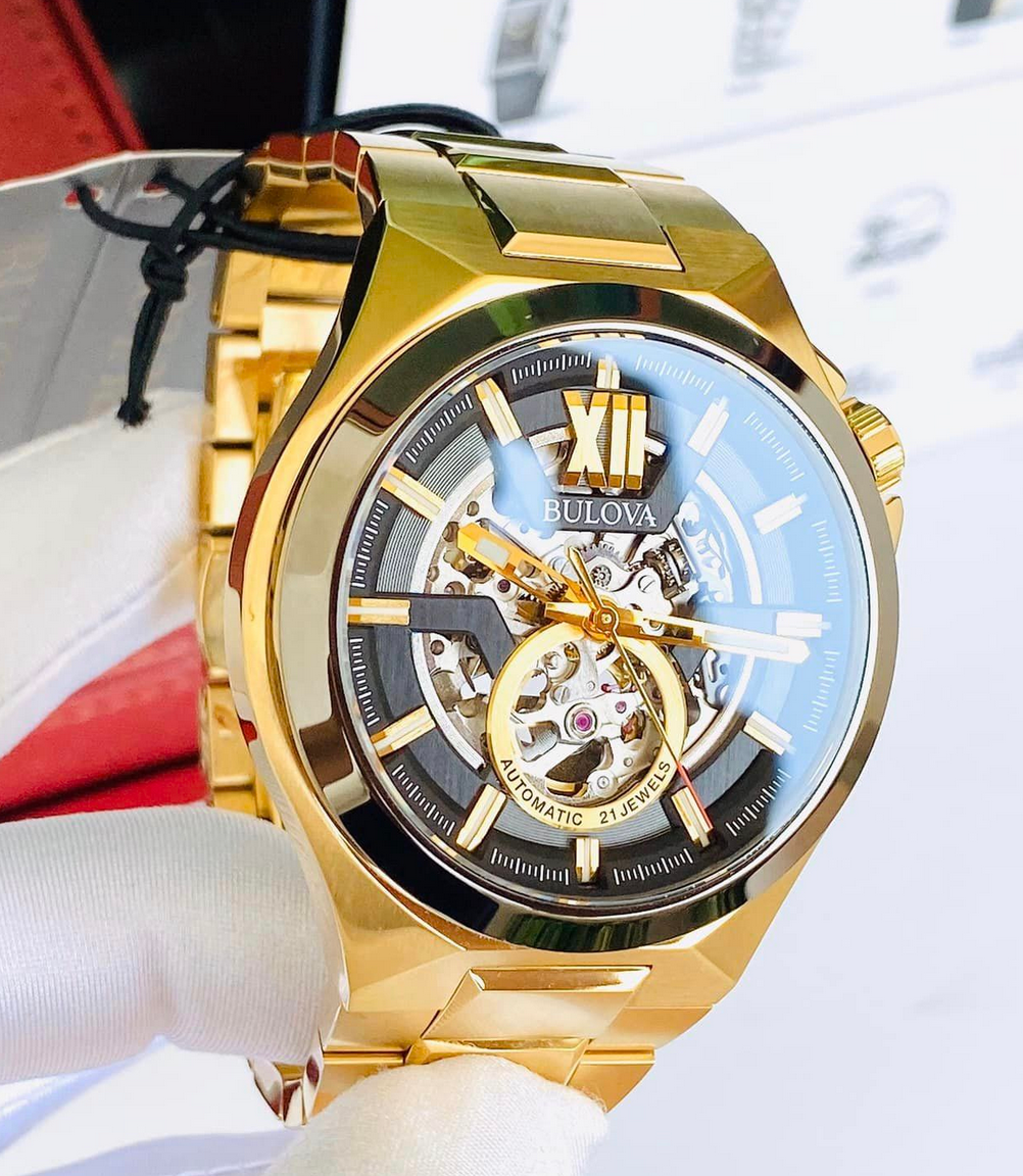 Pre-owned Bulova Maquina Automatic Black Dial Gold Tone Watch 98a178