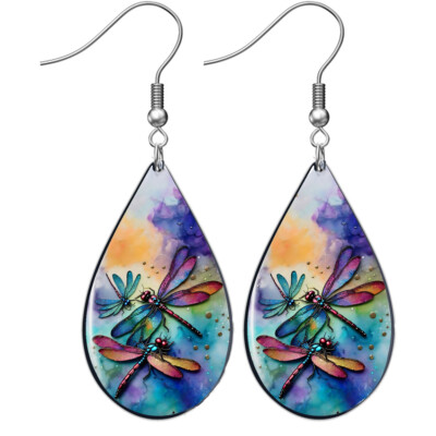 Teal Pink Purple Dragonfly Earrings Watercolor Art Print Dangle Wood Teardrop